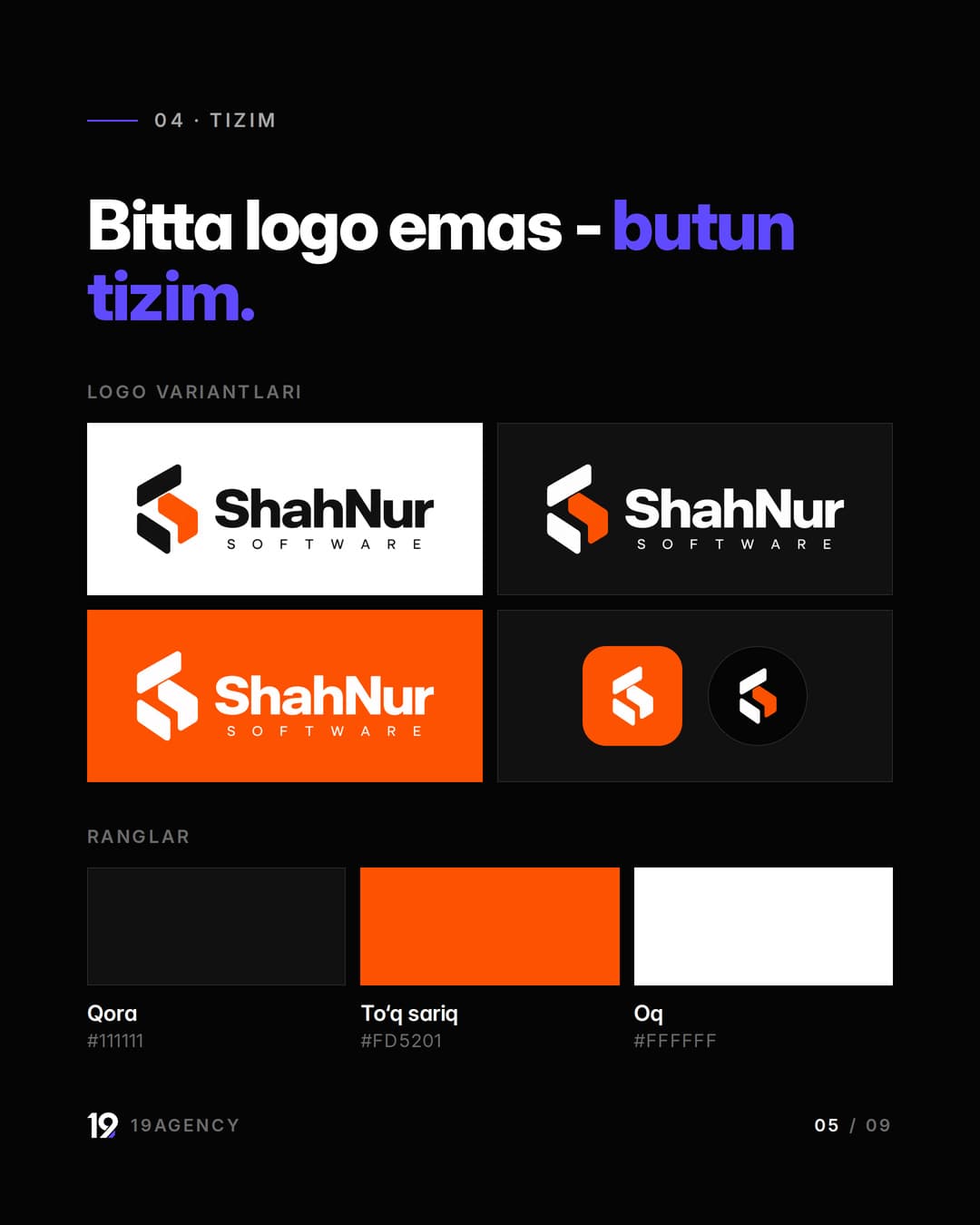 Logotip oq, qora va to‘q sariq fonda, favicon va ranglar